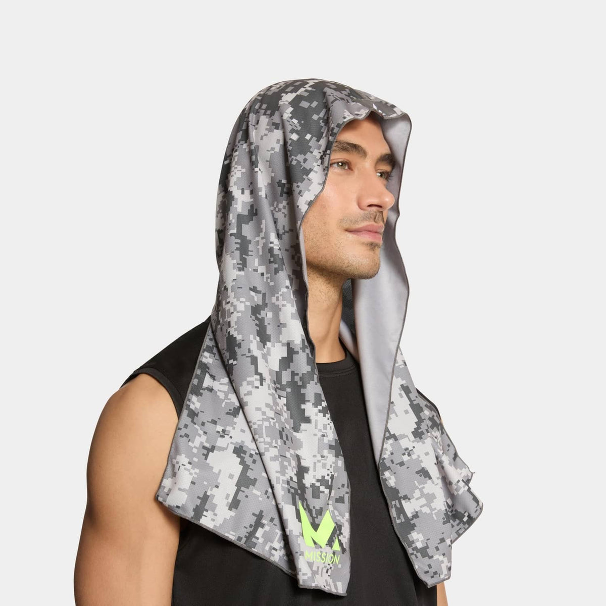 Grey digi camo hood towel with black inner lining, draped over shoulders