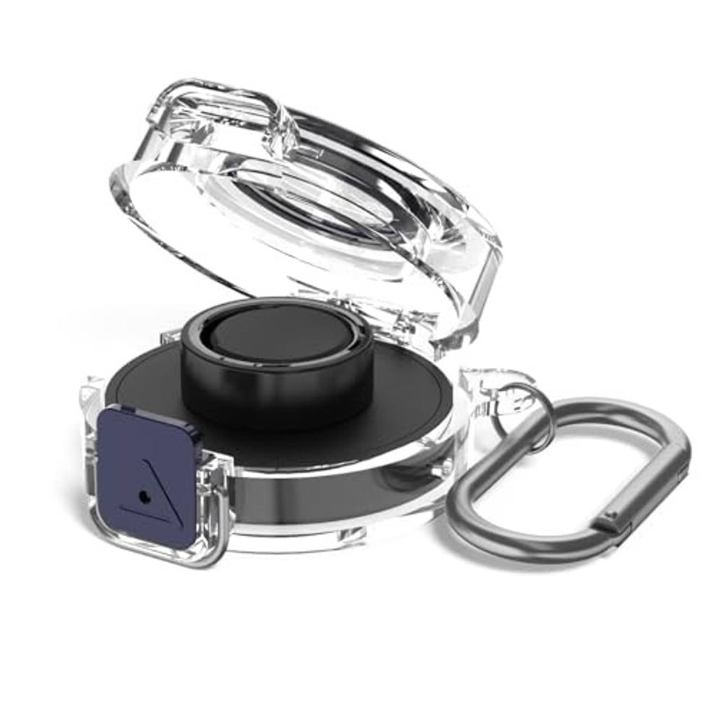 Clear plastic protective case with black insert, metal carabiner ring and secure latch