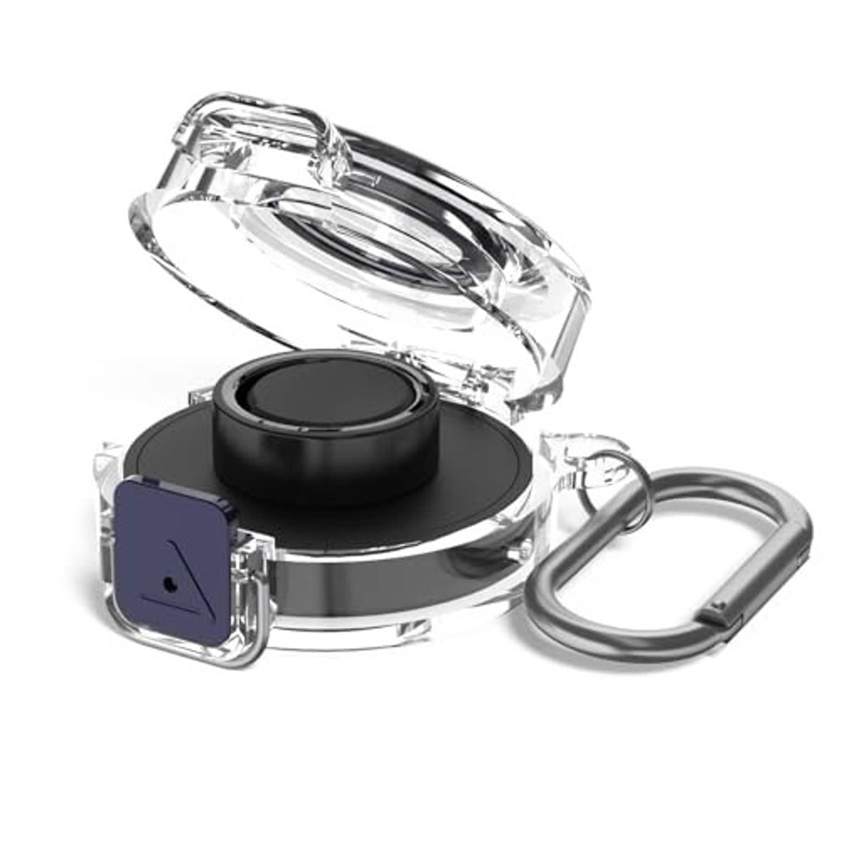 Clear plastic protective case with black insert, metal carabiner ring and secure latch