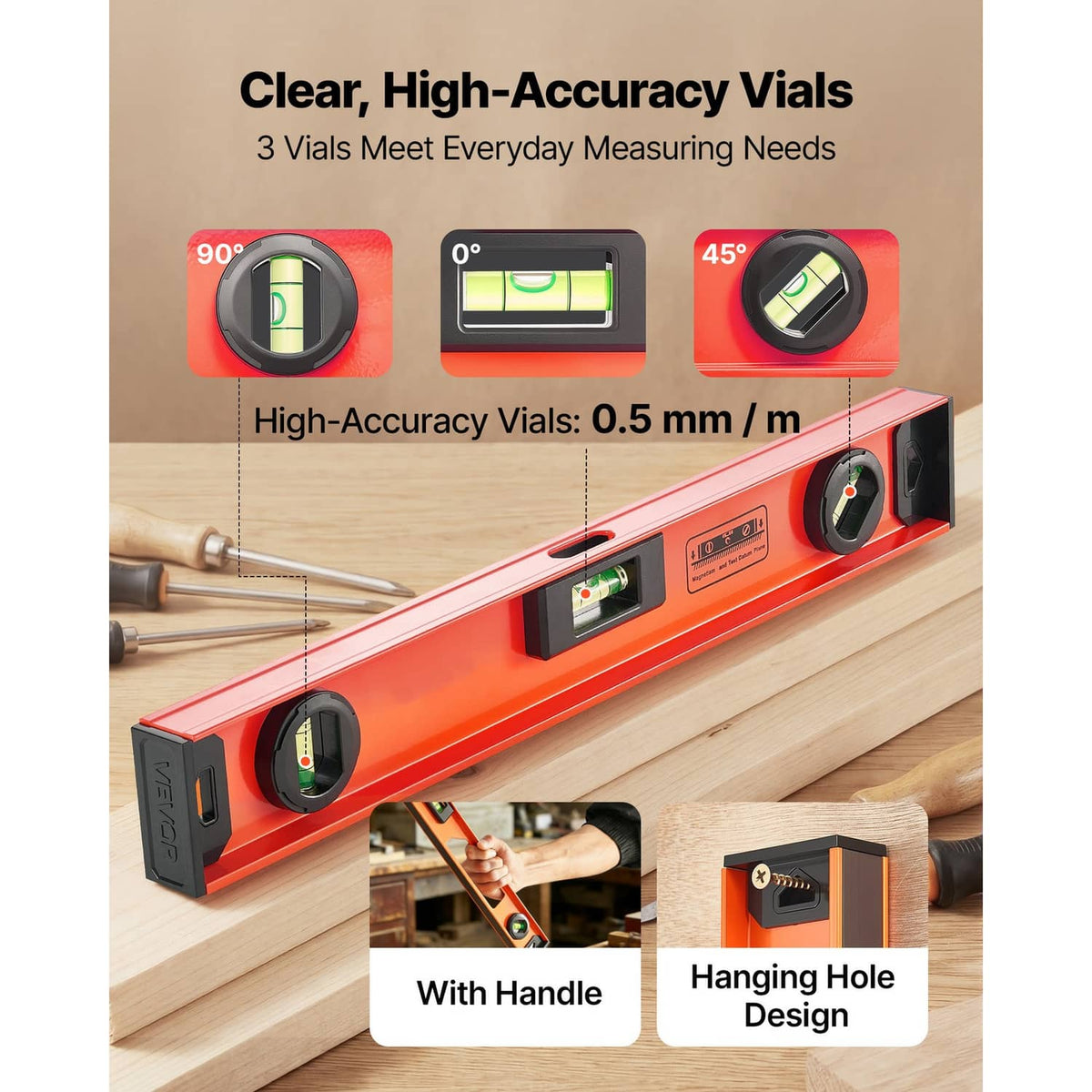 Orange I-beam magnetic level with clear high-accuracy vials, handle and hanging hole