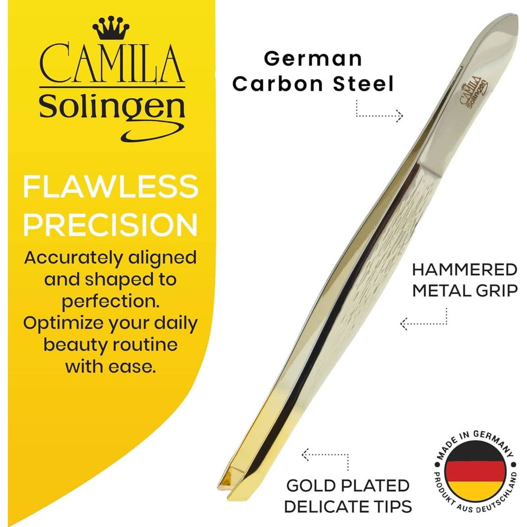 Gold-plated slanted eyebrow tweezers made of carbon steel with hammered grip