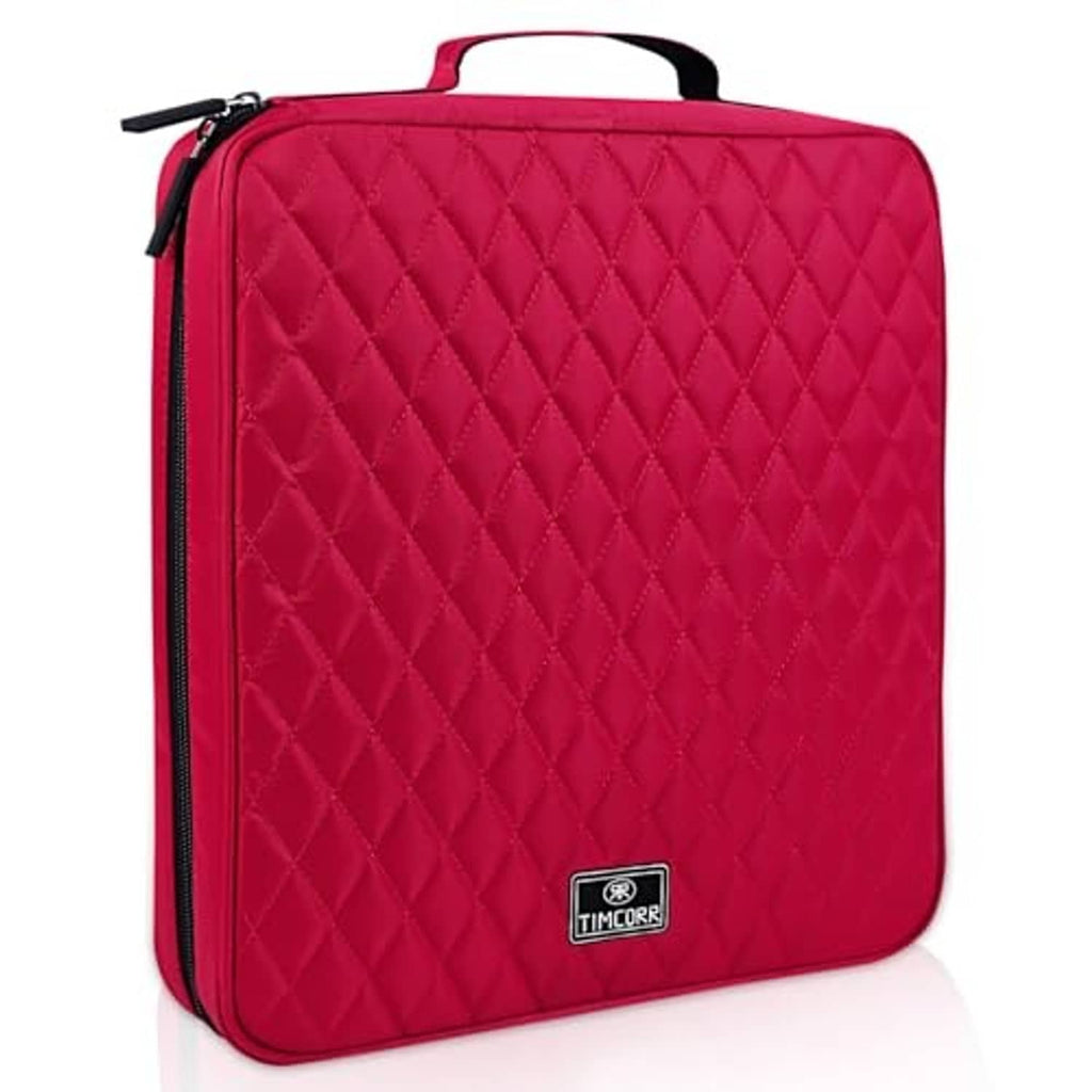Red padded CD storage case with top handle and side zipper, quilted front