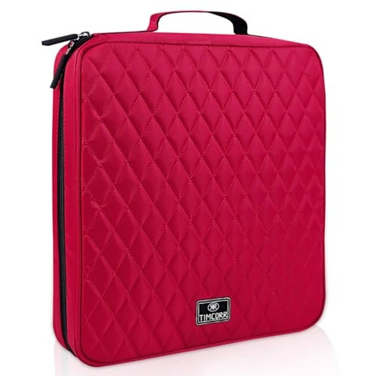 Red padded CD storage case with top handle and side zipper, quilted front
