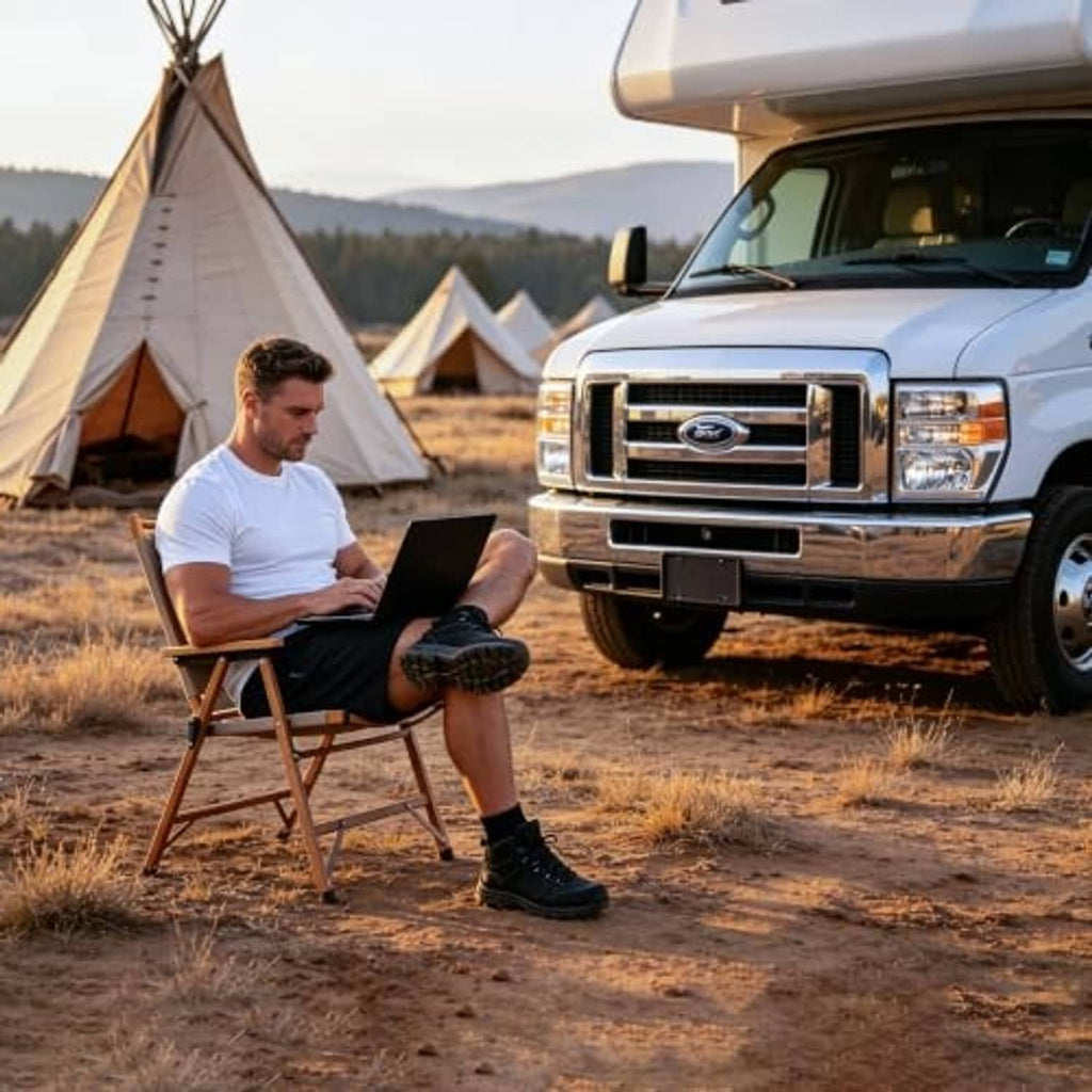 Outdoor truck campsite scene with no clear view of the charging adapter cable