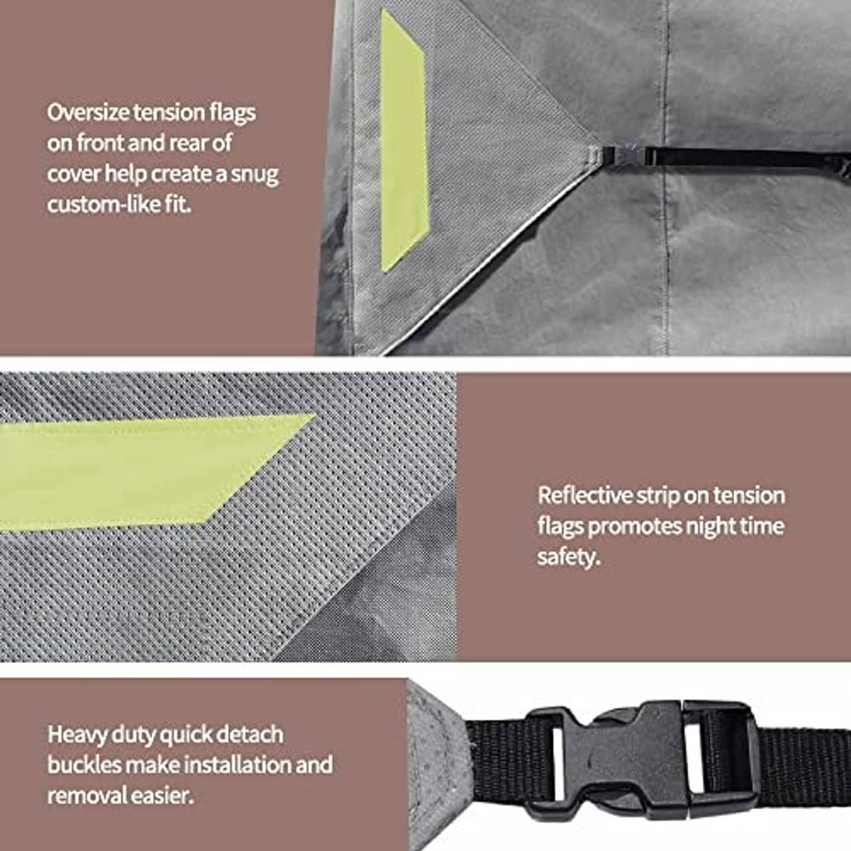 Gray RV travel trailer cover with seam lines, lime reflective tabs, and black zipper edge