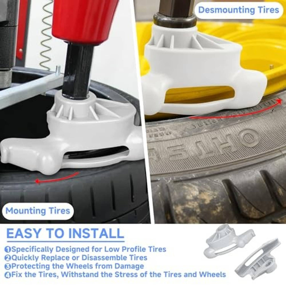 White plastic duck head tire changer tool in use on a tire during mounting/demounting