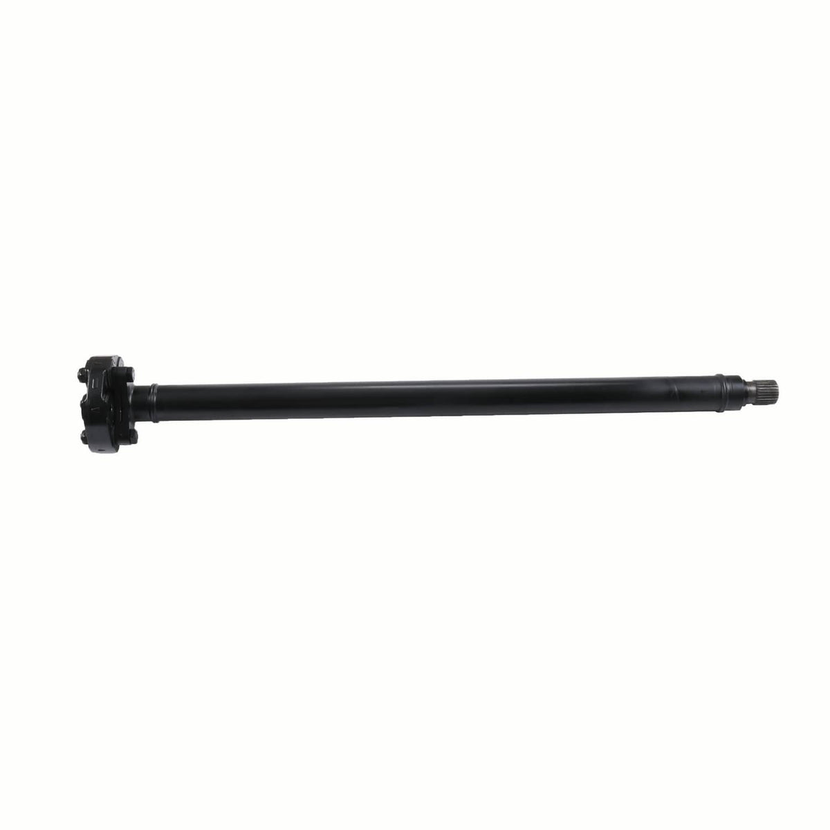 Front drive shaft assembly with splined end and mounting yoke, black metal