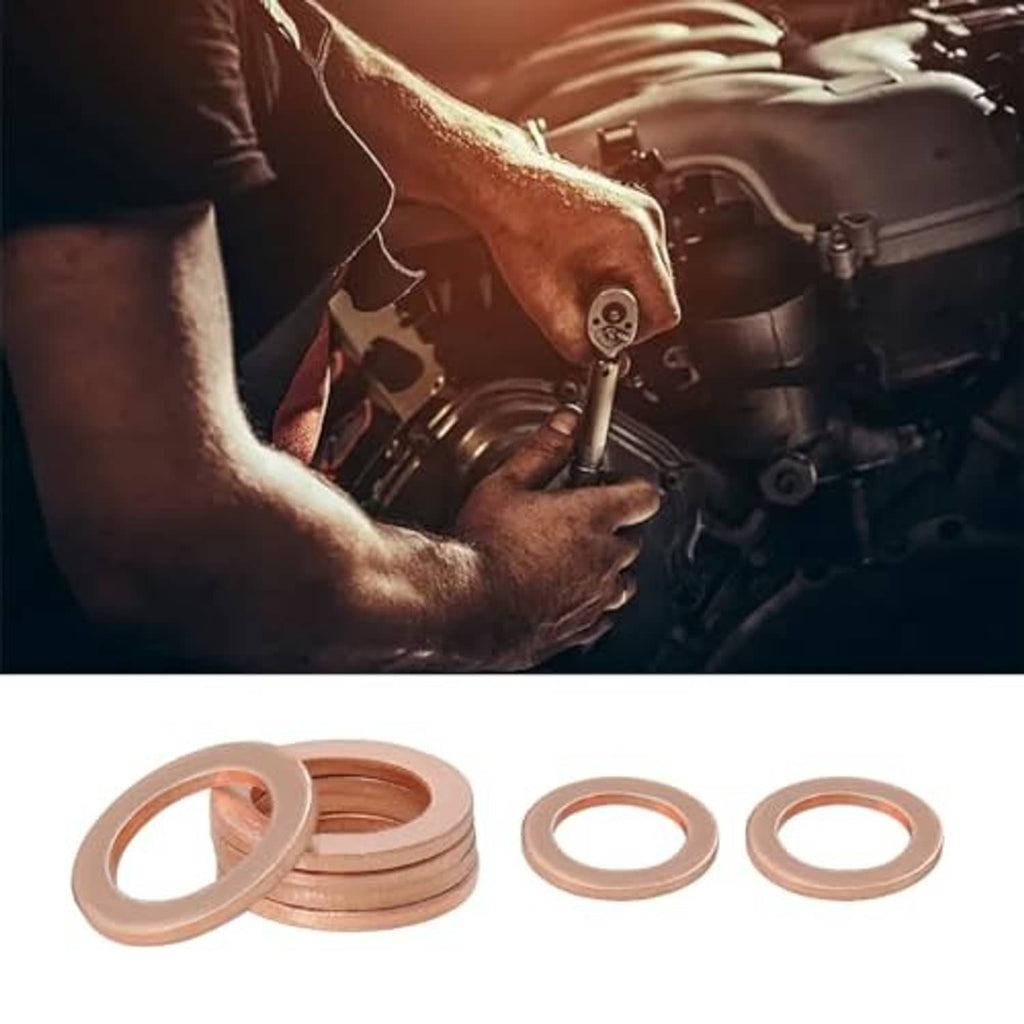 Copper oil drain plug crush washer stack plus loose flat ring gasket.