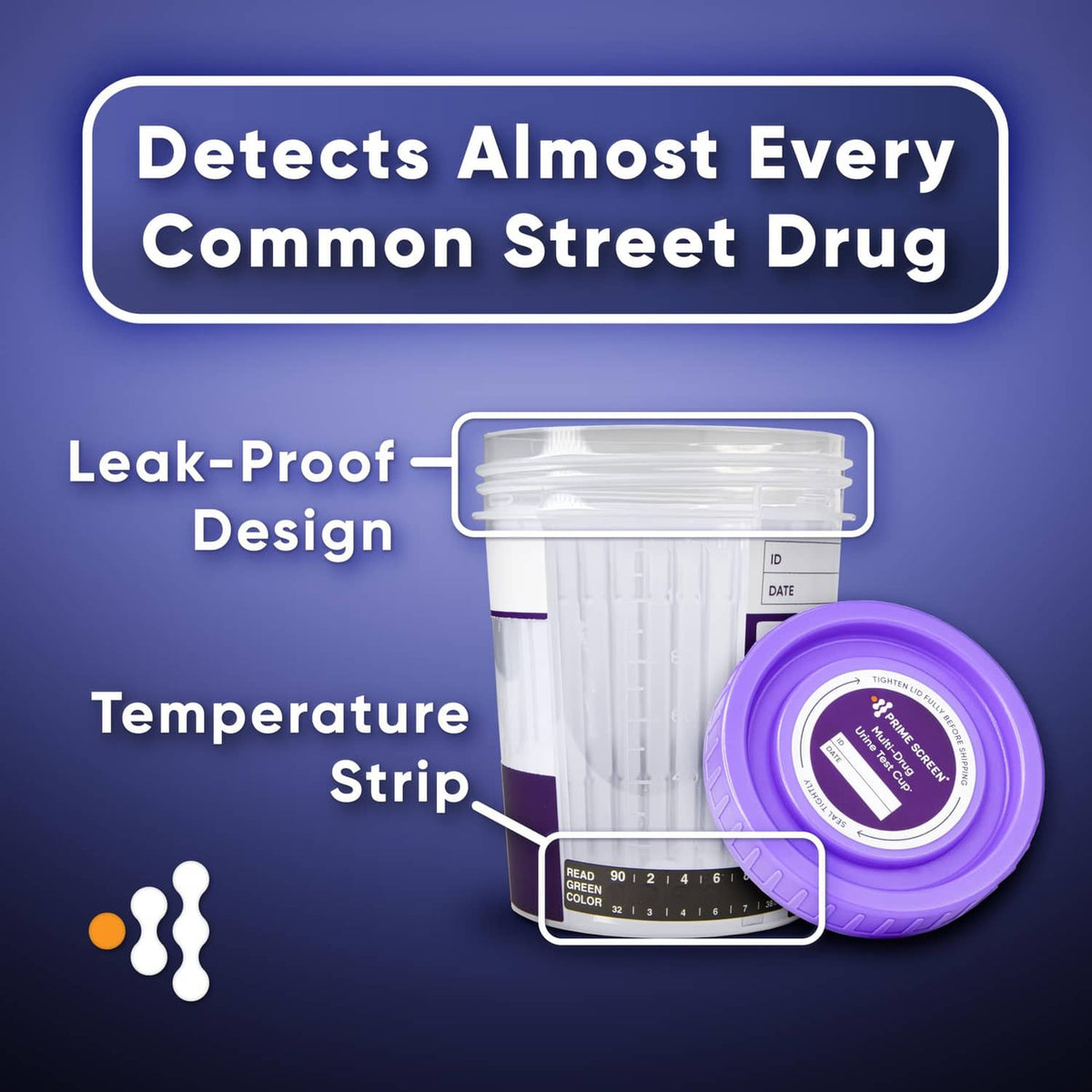 Multi-drug urine test cup kit with temperature strip and purple-lidded sample cup