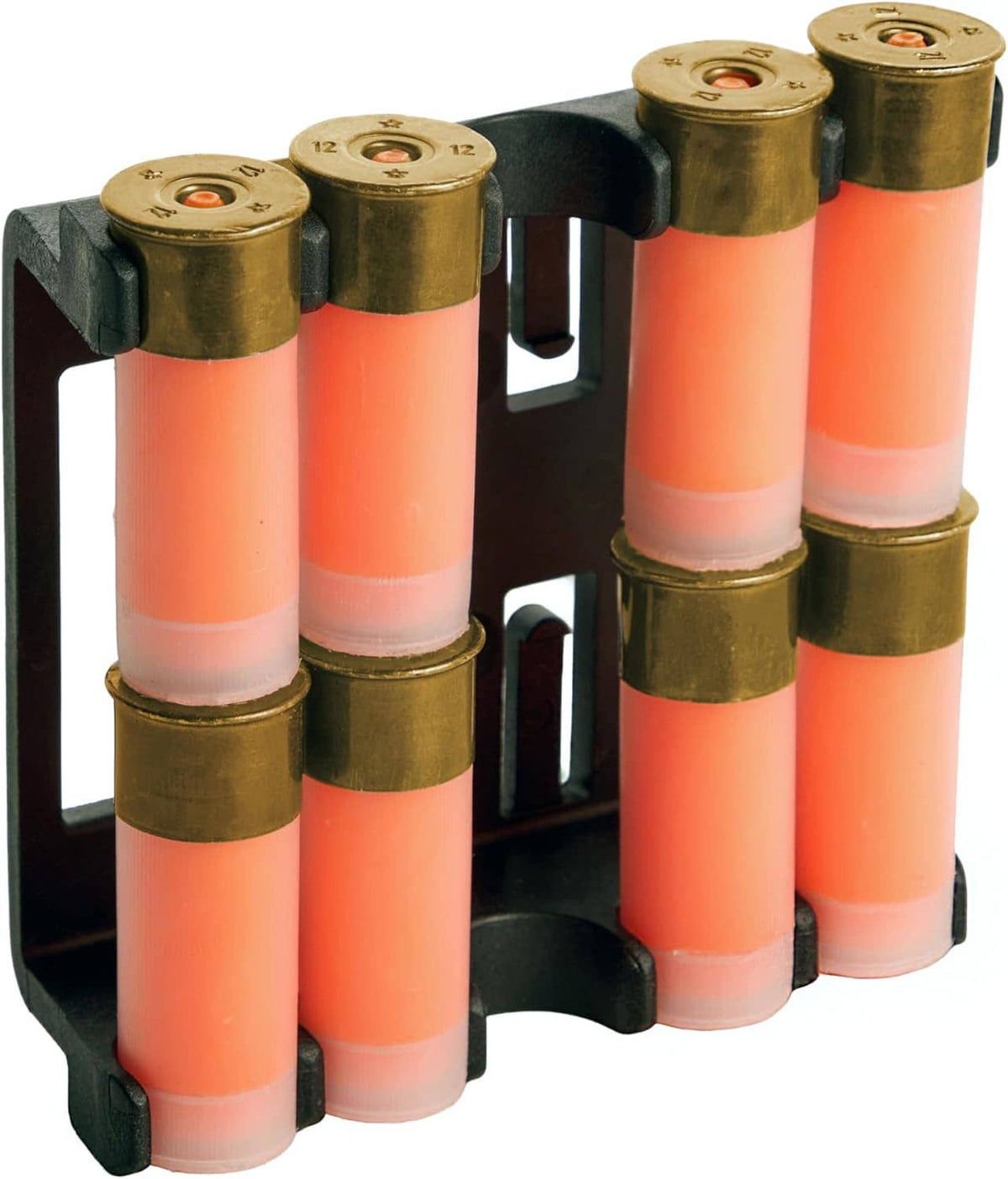 Quad speed loader caddy holding orange shotgun shells with brass bases in black carrier