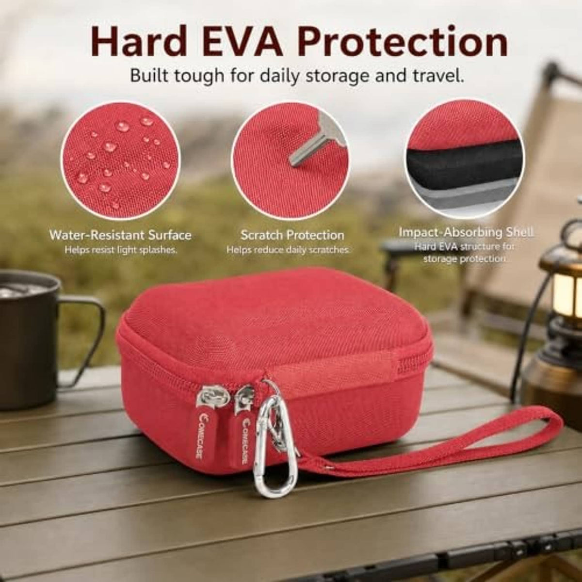 Red hard EVA speaker case with adjustable wrist strap and carabiner, closed