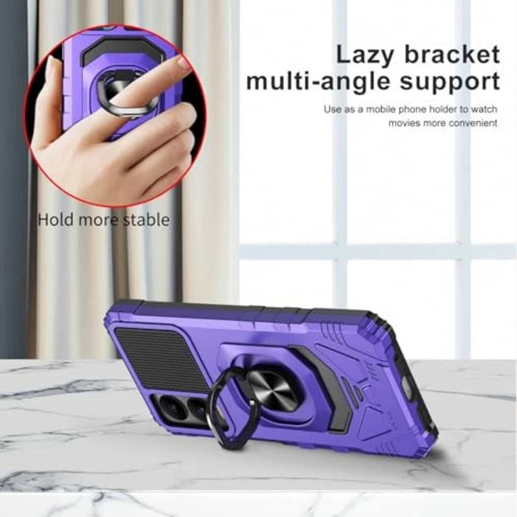 Purple rugged phone case with ring stand holder and multi-angle support for viewing