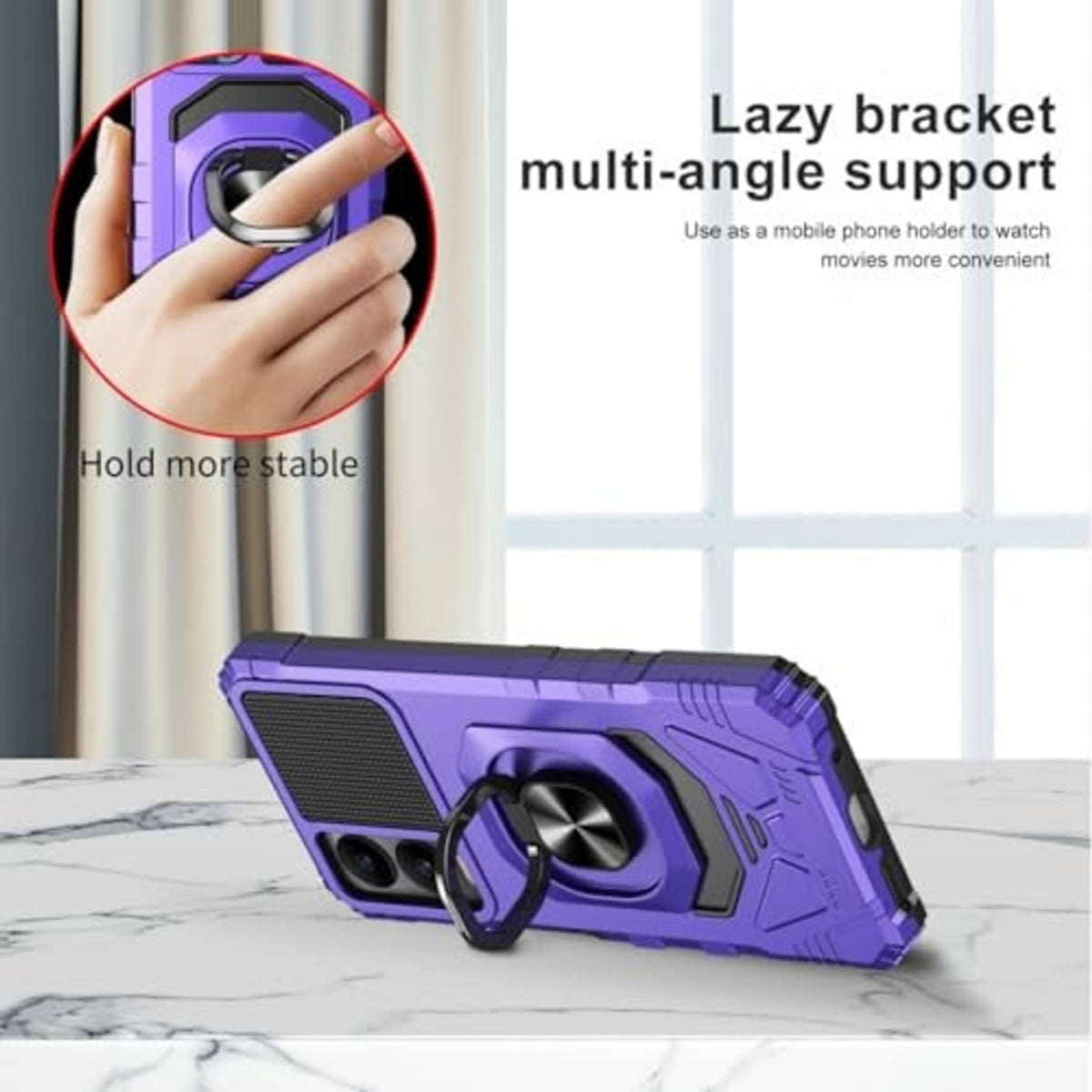 Purple rugged phone case with ring stand holder and multi-angle support for viewing