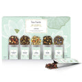 Loose leaf tea sampler box with assorted tea pouches and 5 labeled compartments
