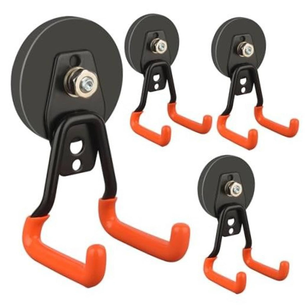 Set of 4 orange and black heavy-duty magnetic hooks with steel mounting plates