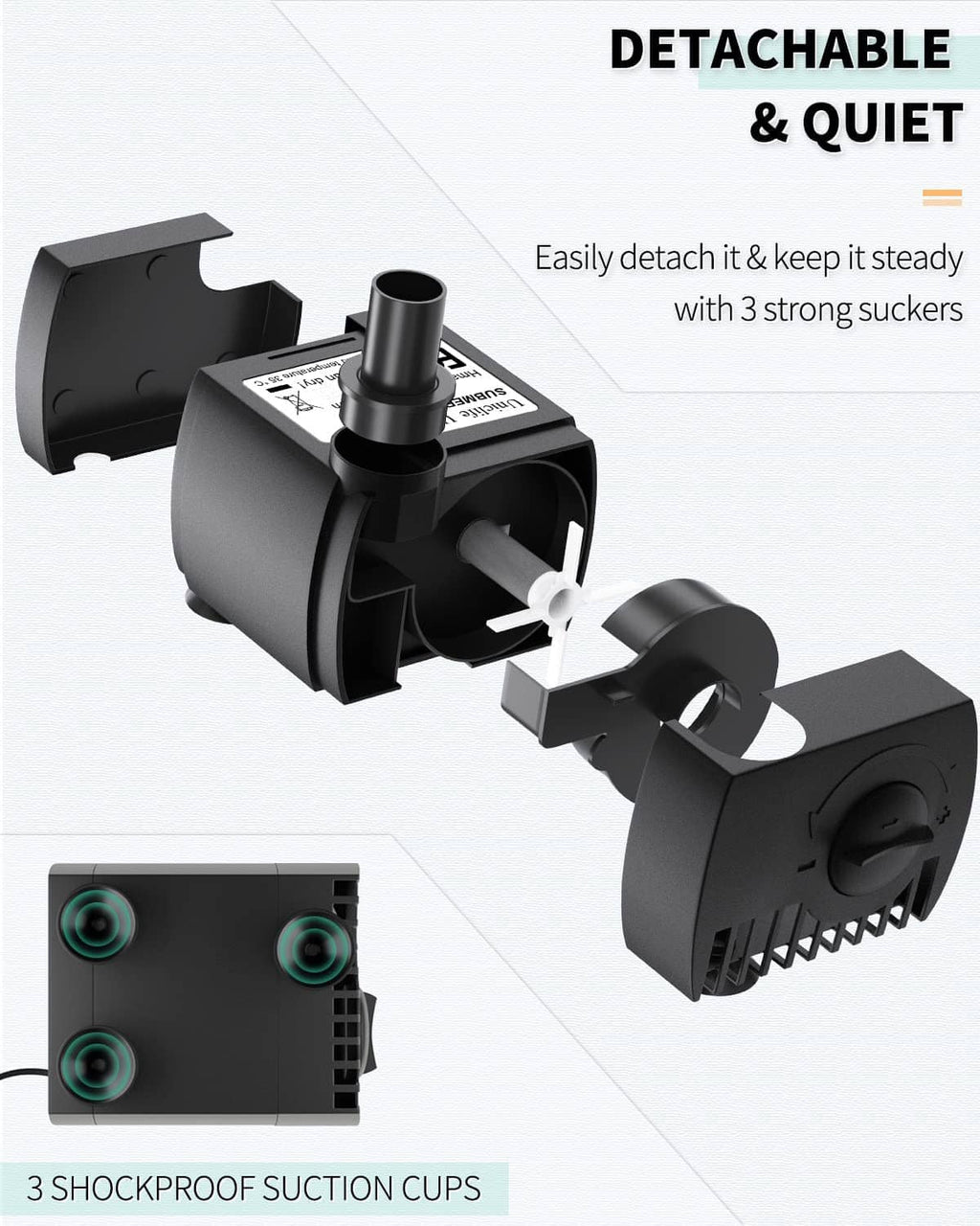 Submersible pump with detachable parts and three suction cups for mounting