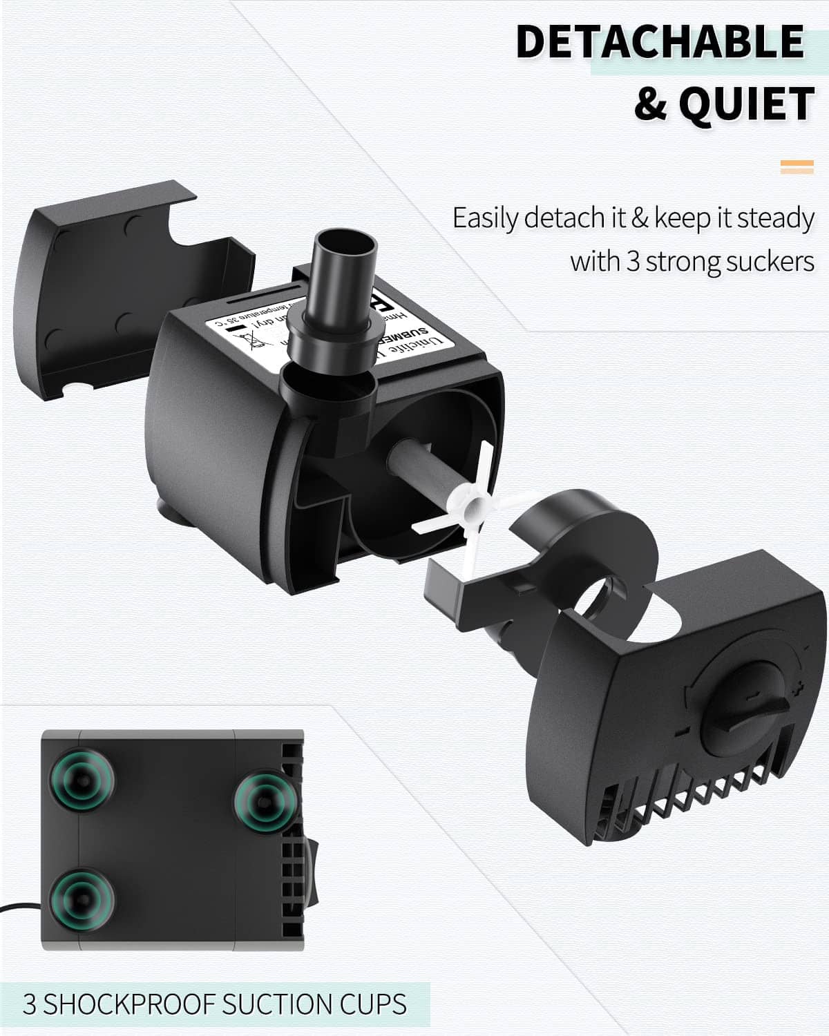 Submersible pump with detachable parts and three suction cups for mounting