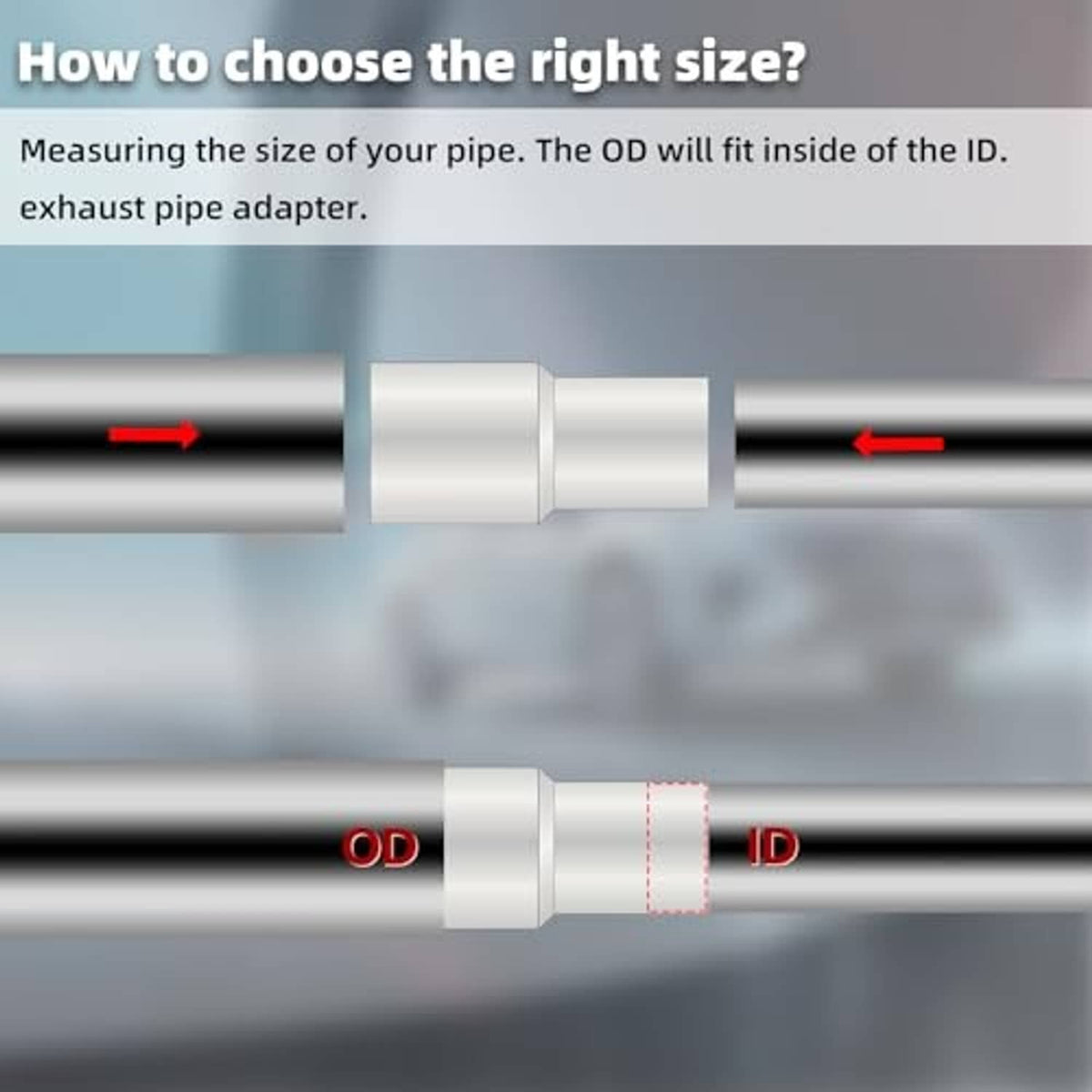 Exhaust pipe adapter showing OD fits inside ID on two aligned pipe ends