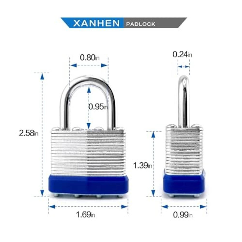 Padlock dimension diagram with arched shackle and blue base measurements