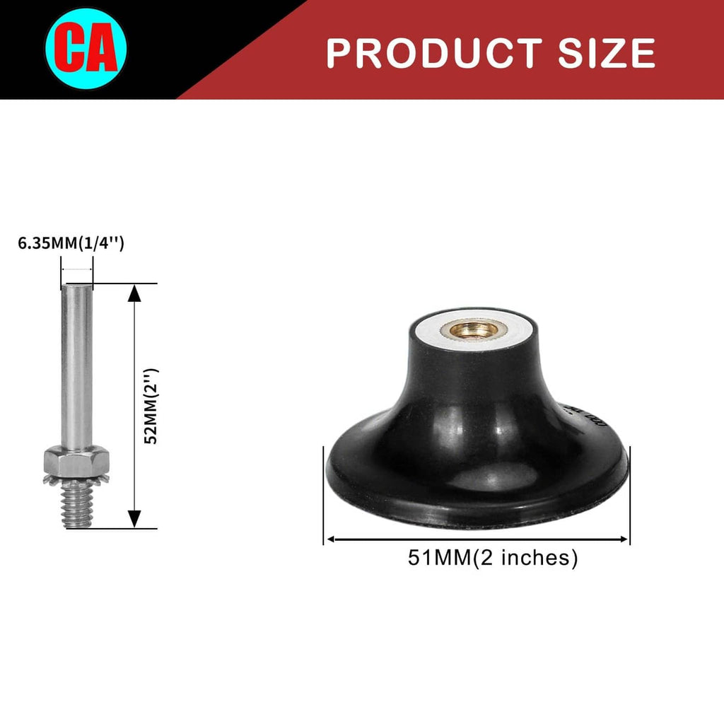 Black 2-inch sanding disc pad holder with center hole, dimension diagram