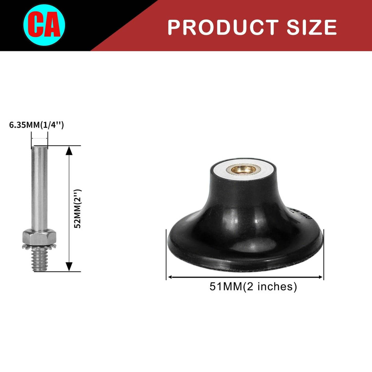 Black 2-inch sanding disc pad holder with center hole, dimension diagram