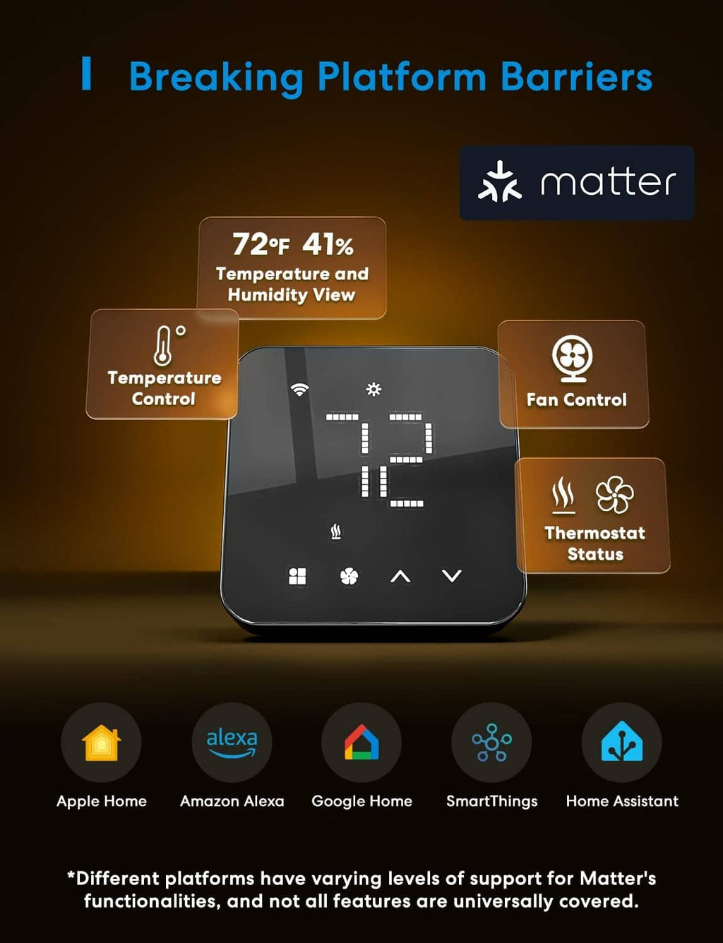 Black smart thermostat with touch icons and Matter badge