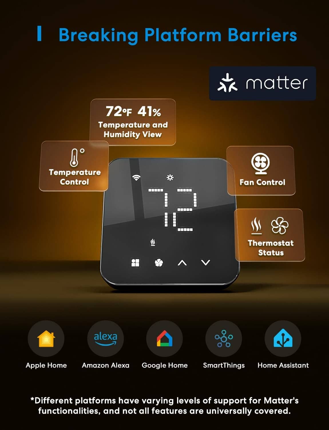 Black smart thermostat with touch icons and Matter badge