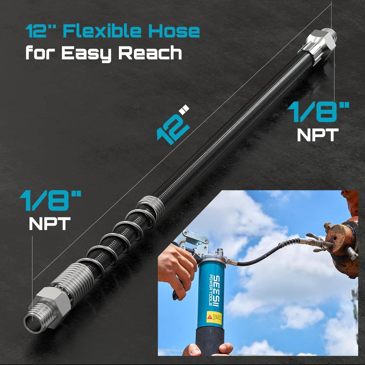 Flexible grease gun hose with 1/8 in NPT fittings and threaded ends