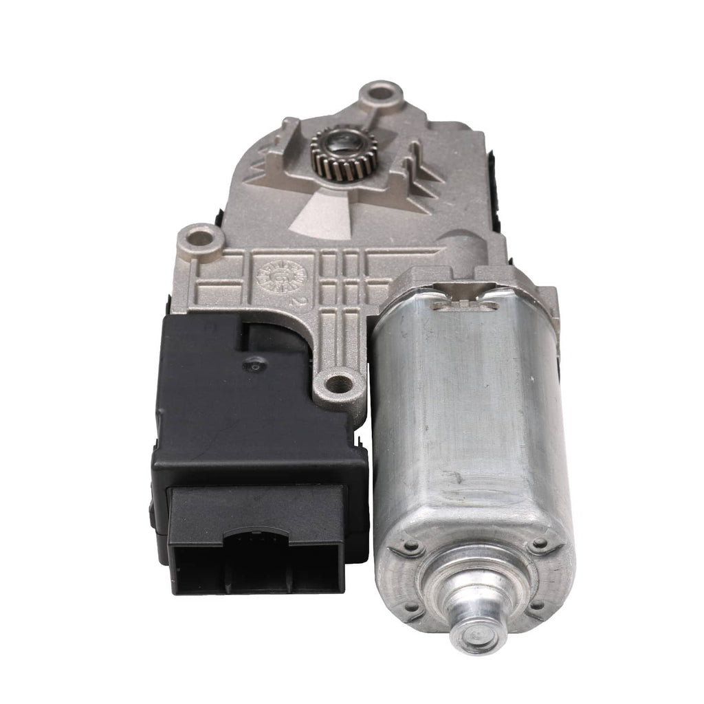 Sunroof motor with silver gear housing and mounting points, front view