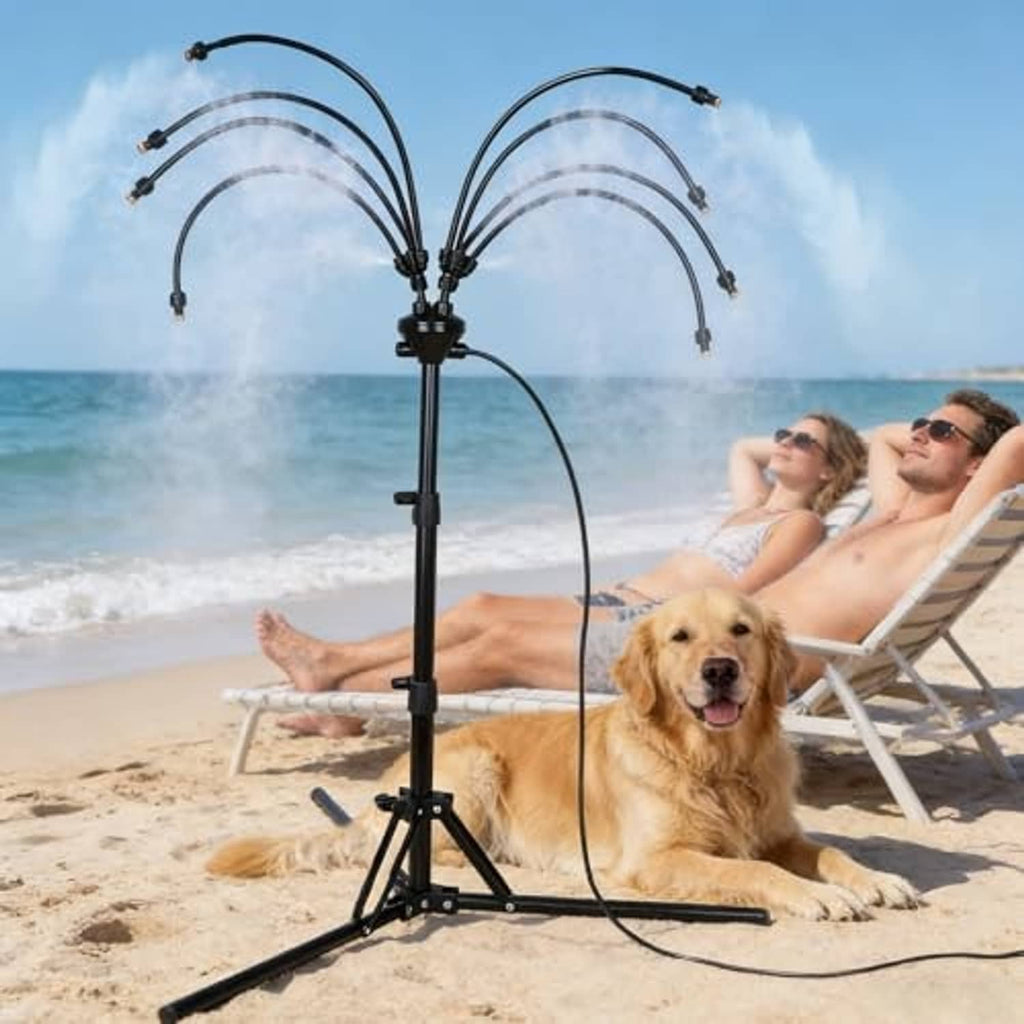 Outdoor standing misting system on tripod with multiple arching mist hoses and nozzles
