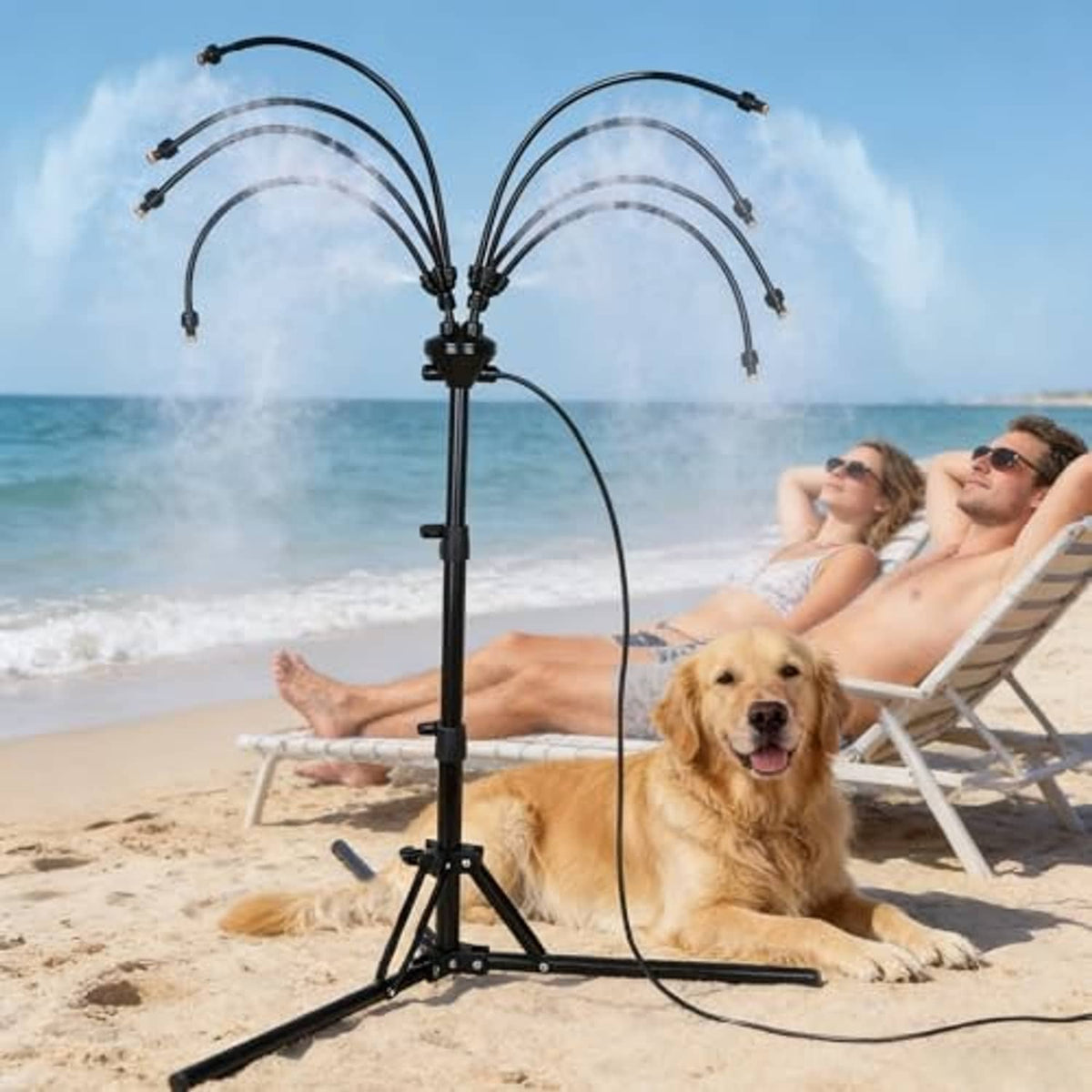 Outdoor standing misting system on tripod with multiple arching mist hoses and nozzles