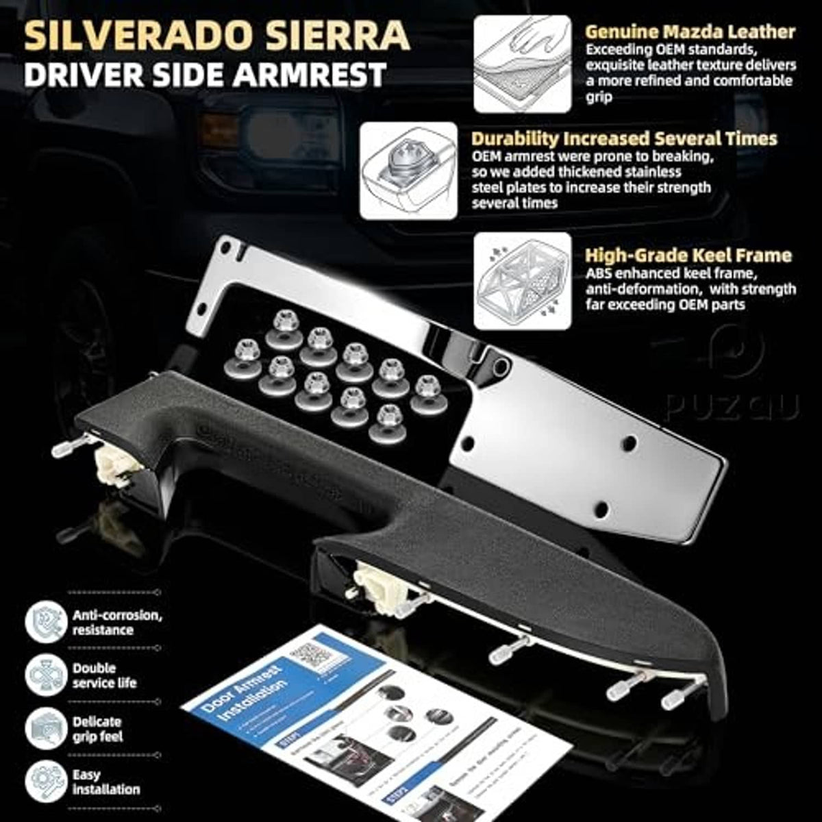Black driver-side armrest repair kit with armrest cover, plate, and bolt set