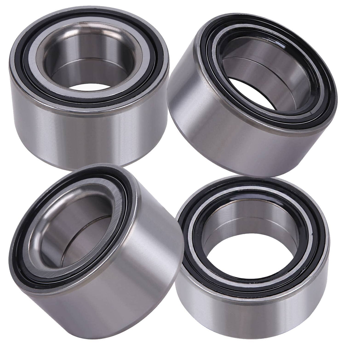 Four wheel bearings shown at angles, with silver outer housing and black sealing ring