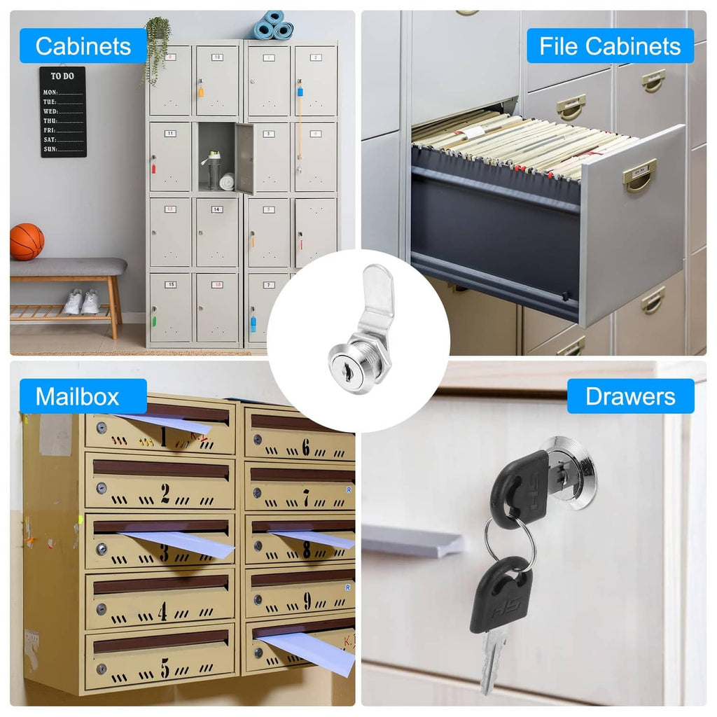 Keyed cabinet lock shown for cabinets, file cabinets, drawers, and mailboxes