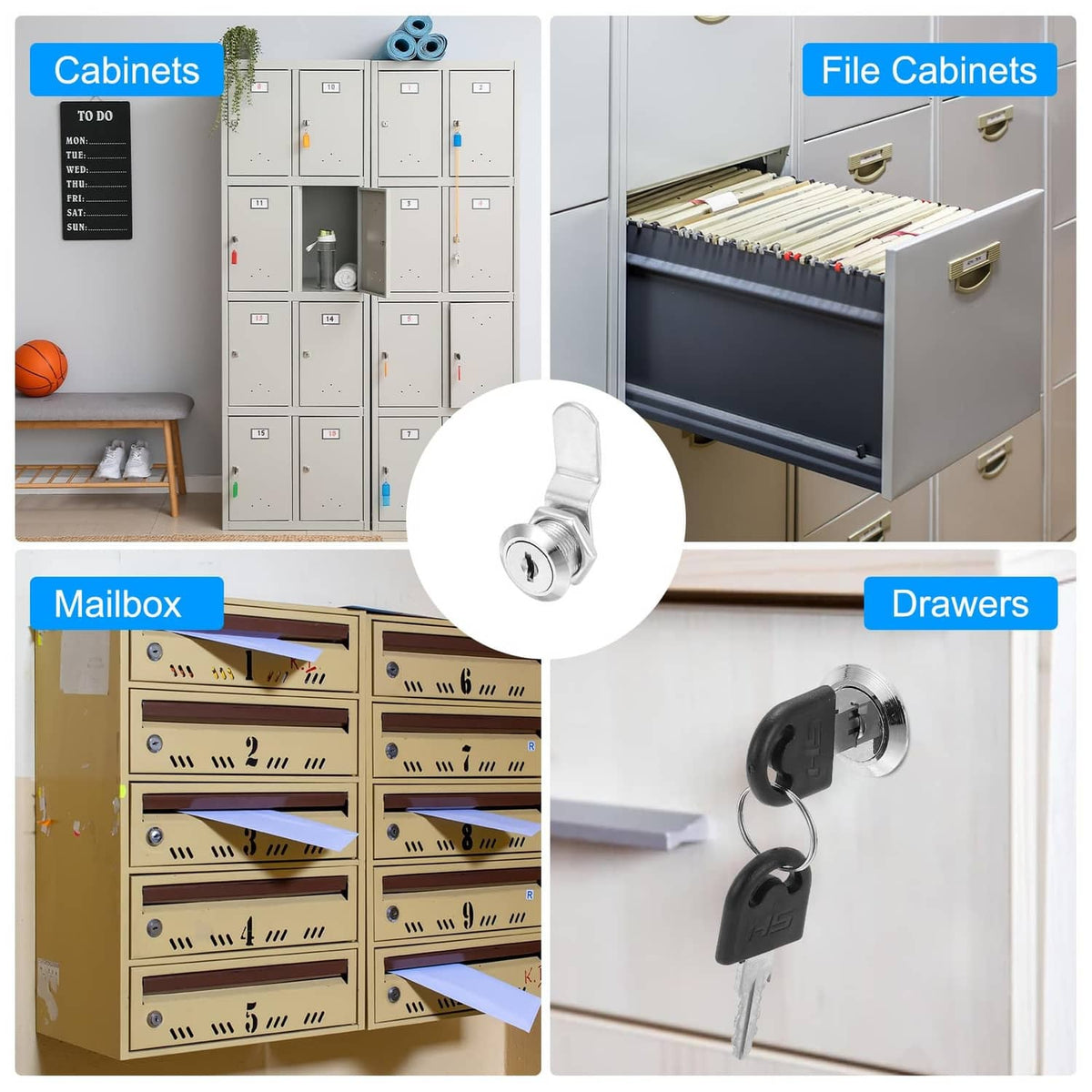 Keyed cabinet lock shown for cabinets, file cabinets, drawers, and mailboxes