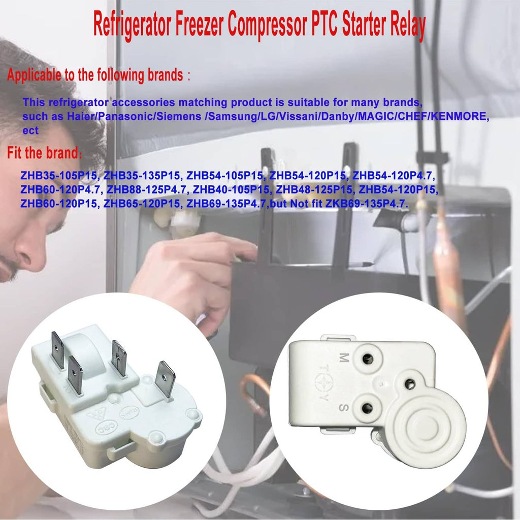 Refrigerator freezer PTC starter relay, white module shown in close-up views