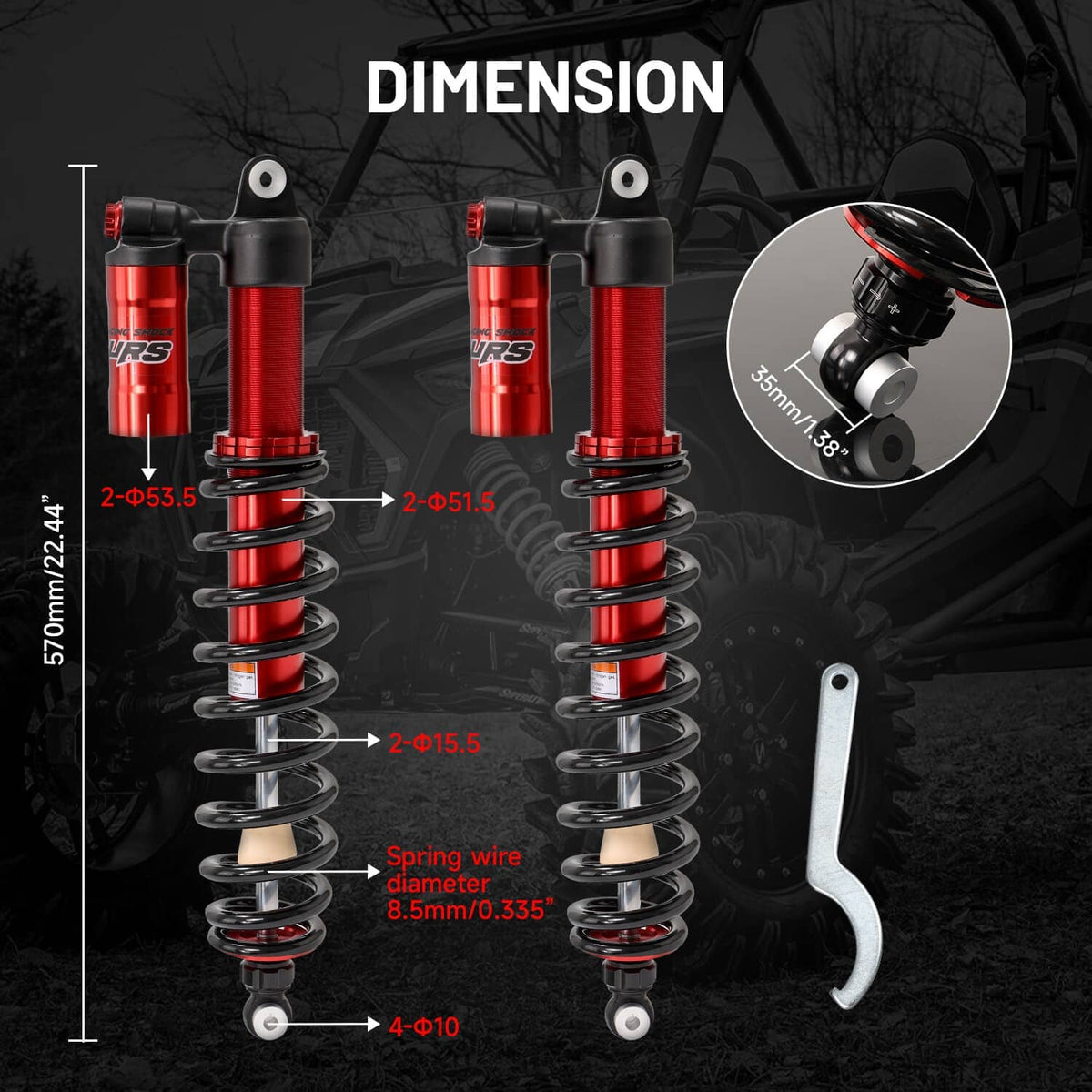 Dimension graphic showing red front and rear shock absorbers with black coil springs and hooks