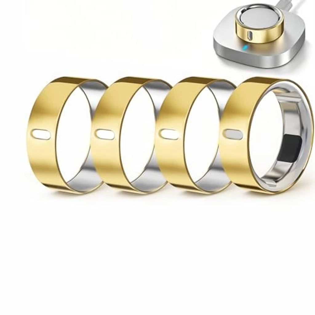 Four gold ring covers with oval opening and silver inner lining, shown at angles