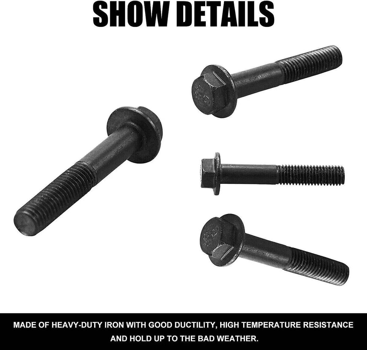 Close-up of black exhaust manifold bolts showing hex heads and threaded shafts