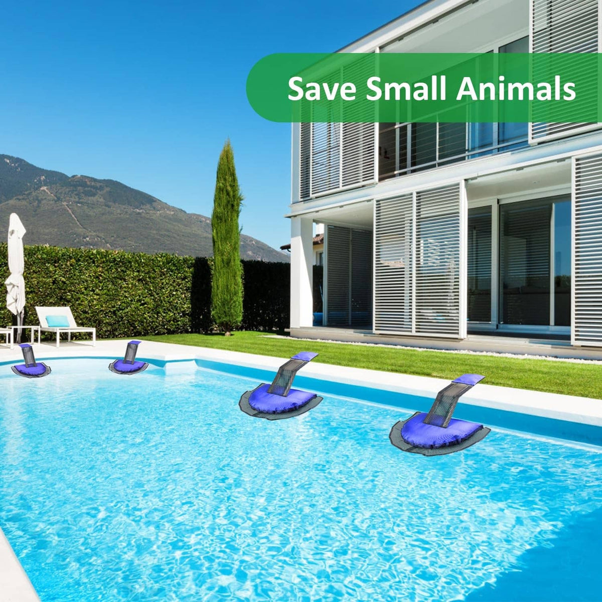 Dark blue pool animal escape ramps set floating in outdoor swimming pool