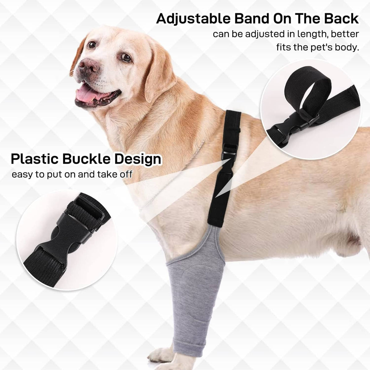 Light grey dog recovery suit with adjustable black back band and front-leg sleeve