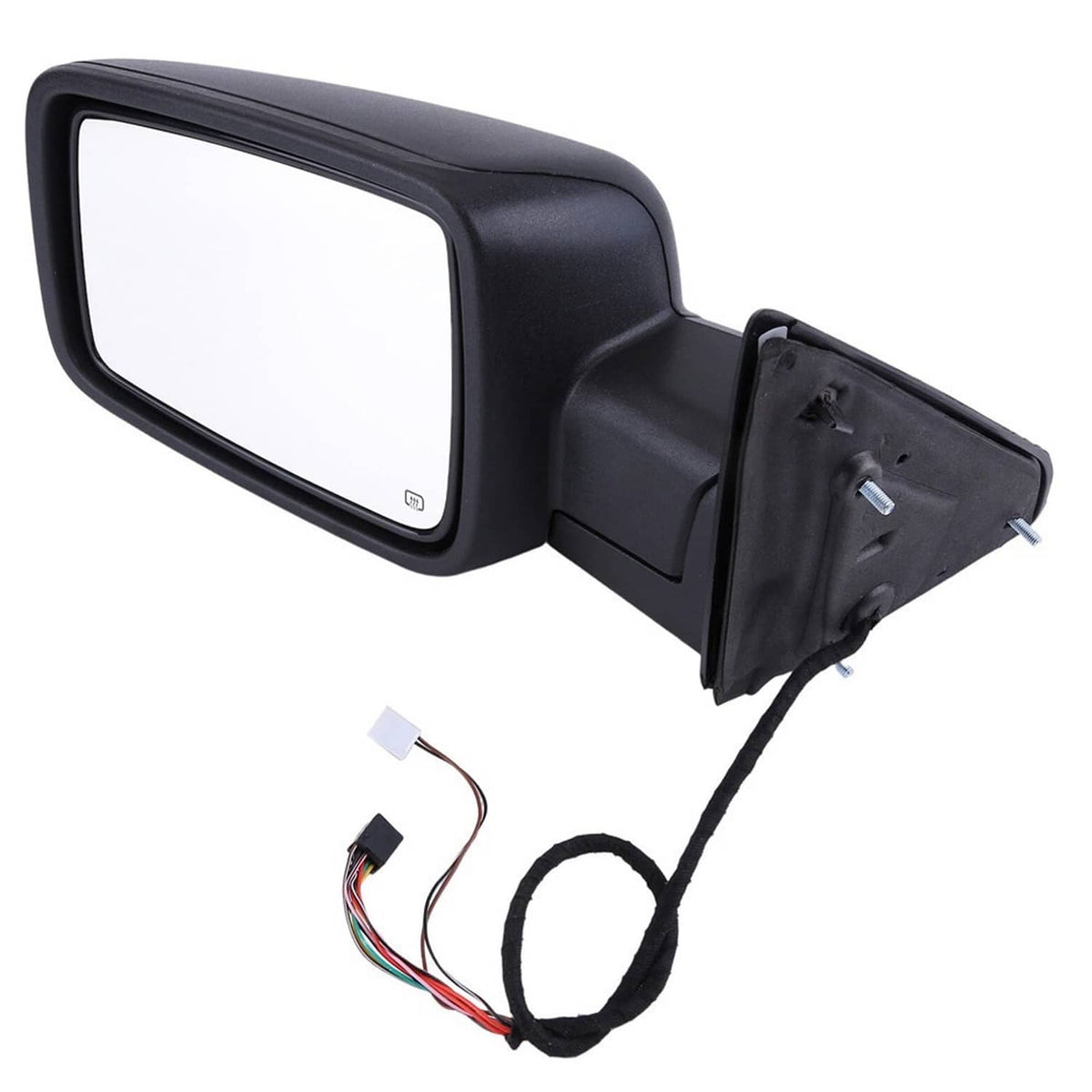 Left side mirror with black housing, mounting bracket, and electrical wiring