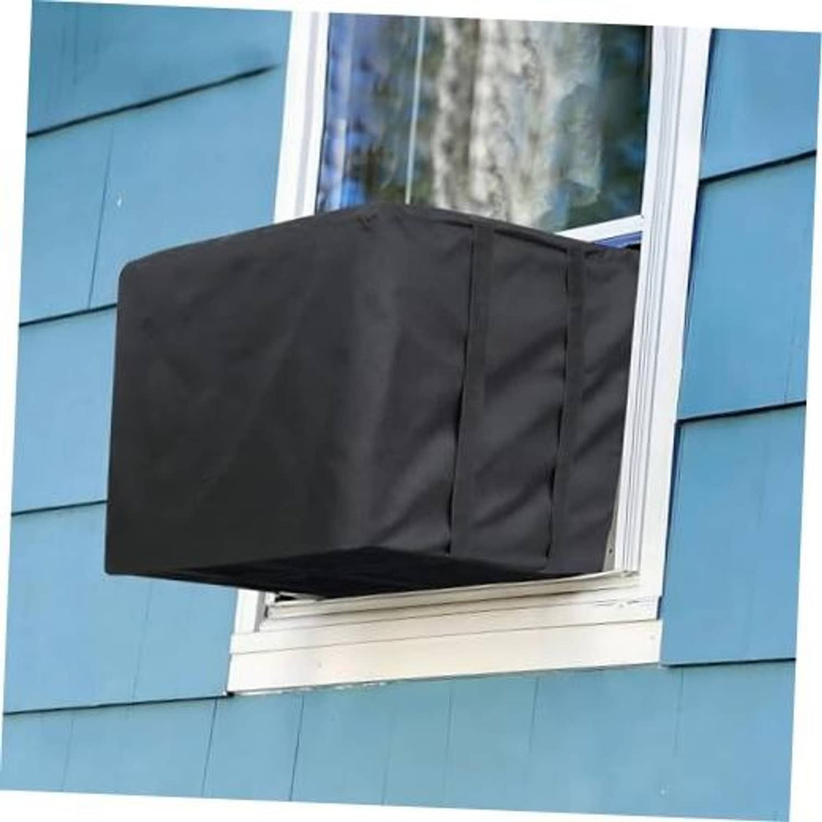 Outdoor window air conditioner cover, dark fabric with side panels and fitted shape.