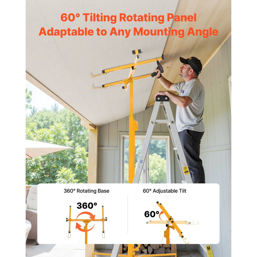 Adjustable drywall lifter hoist with yellow frame, rotating arm, lockable wheels