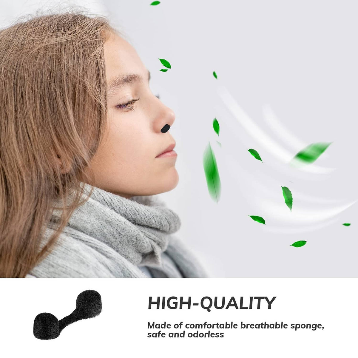 Black disposable sponge nose plug on nostril, soft filter tip for comfort