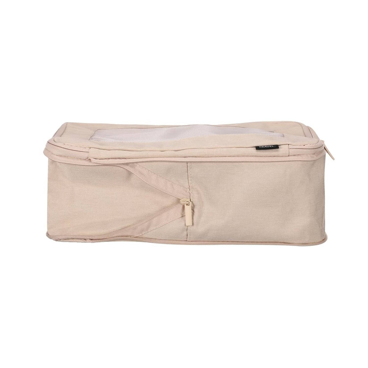 Beige packing cube with top fold, zip closure, and reinforced seam edges