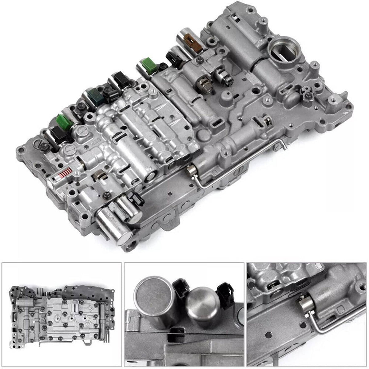 Transmission valve body assembly with solenoid connectors and green clips, gray cast metal