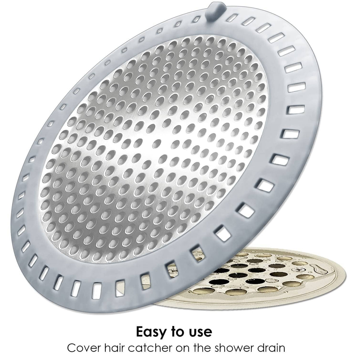 Round shower drain hair catcher strainer, silver perforated screen with drainage slots