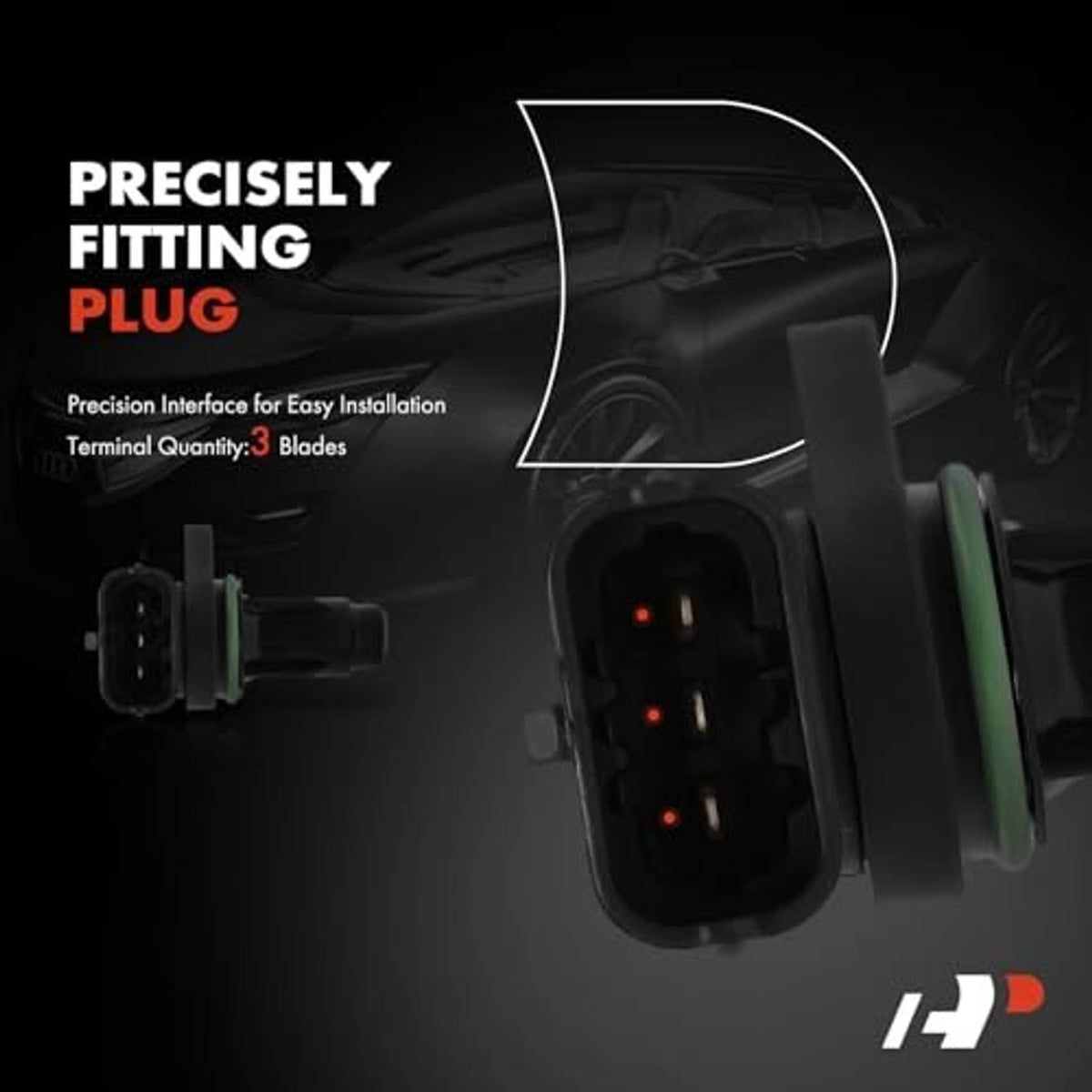 Camshaft position sensor plug and terminals in black housing with green seal