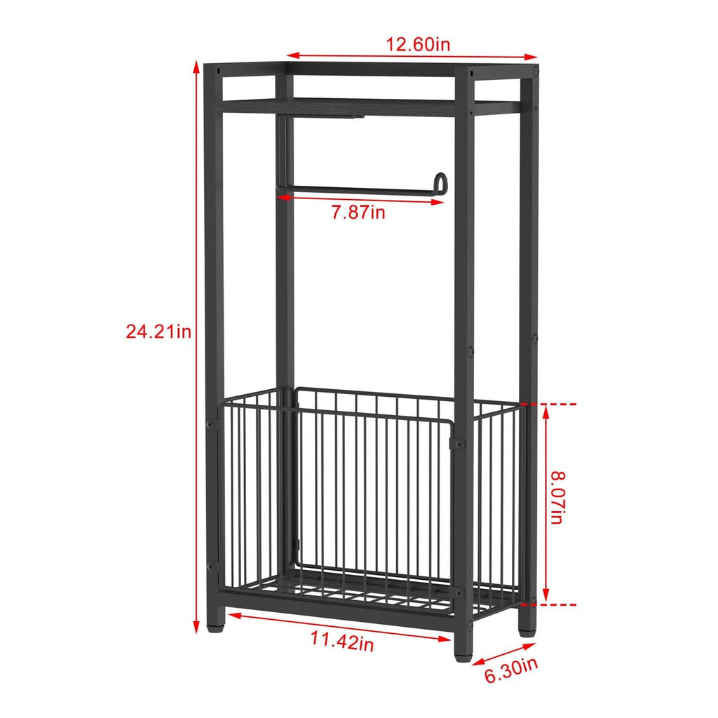 Black freestanding toilet paper holder dimensions diagram with roll holder and shelf